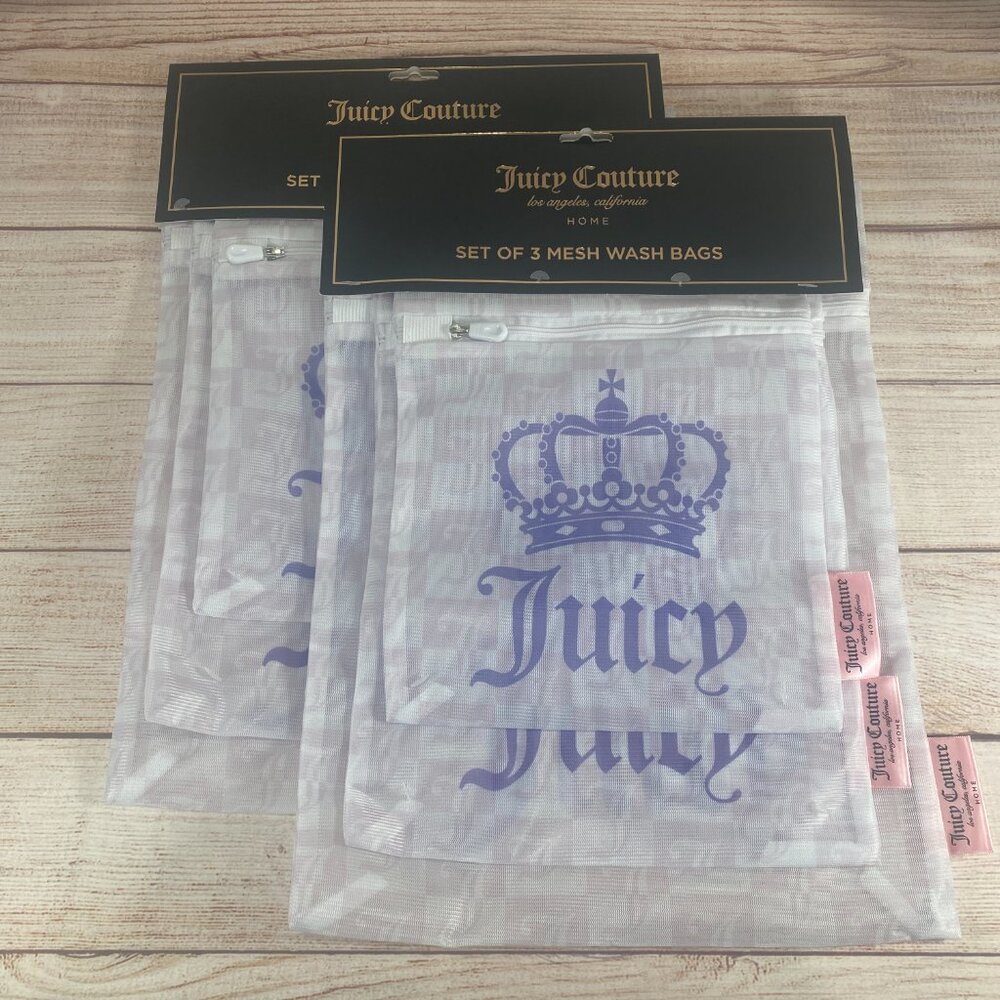 Lot of 2 Juicy Couture Set of 3 Mesh Wash Bags purple Checkered Laundry Bag NWT